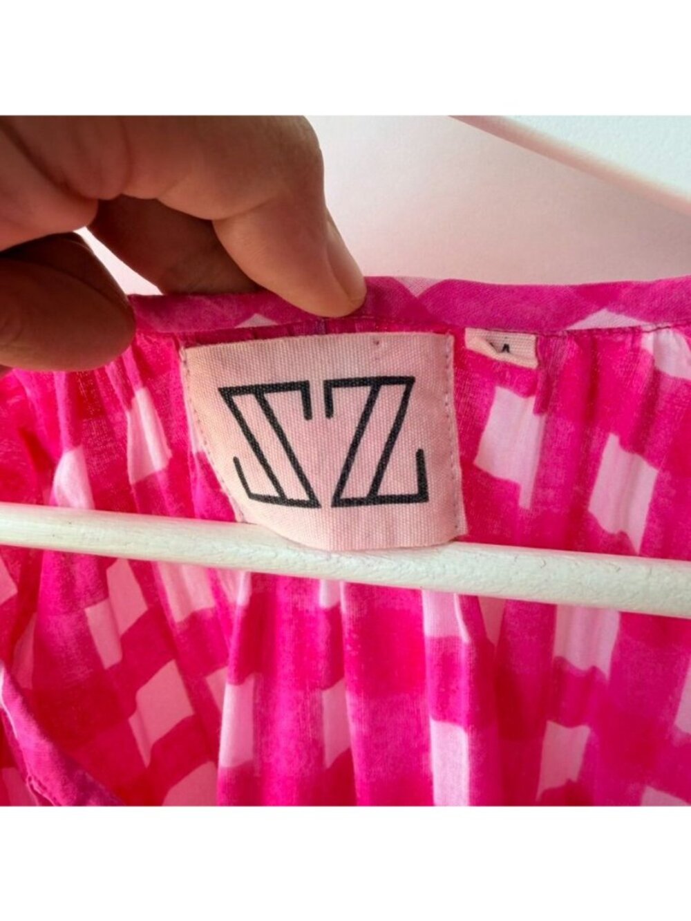 SZ Blockprints Priya Hot Pink Gingham Cotton Tiered Dress Women's Size M - Picture 7 of 12